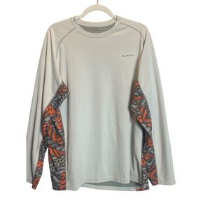 Simms SolarFlex Fishing Shirt XL Long Sleeve UPF 50+ Protection Gray Orange Camo